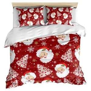 Christmas‎ Santa Claus Snowflakes Trees Queen Duvet Cover Set Bedding Red